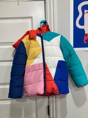 Mini Boden Colorblock Star Puffer Jacket - Teal, Navy, Pink, Yellow, Red, White